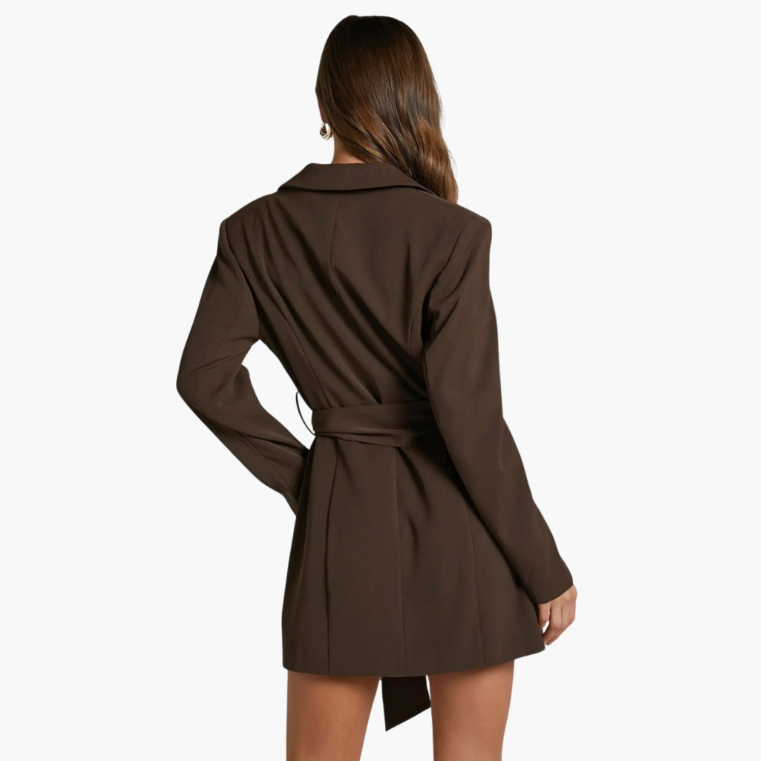 Women's blazer dress with lapel collar and belt