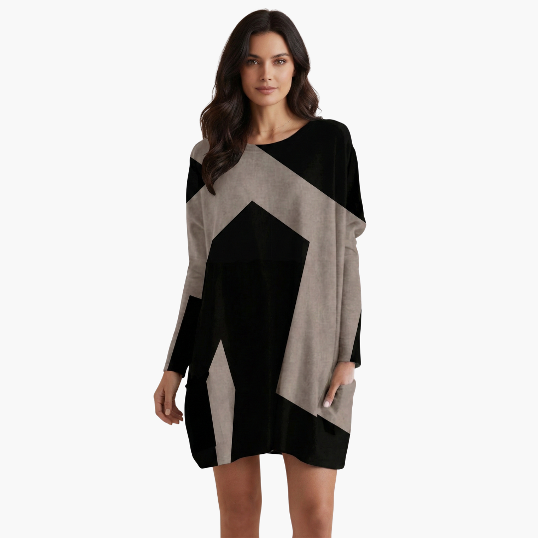 Short dress for women with V-neck and geometric pattern