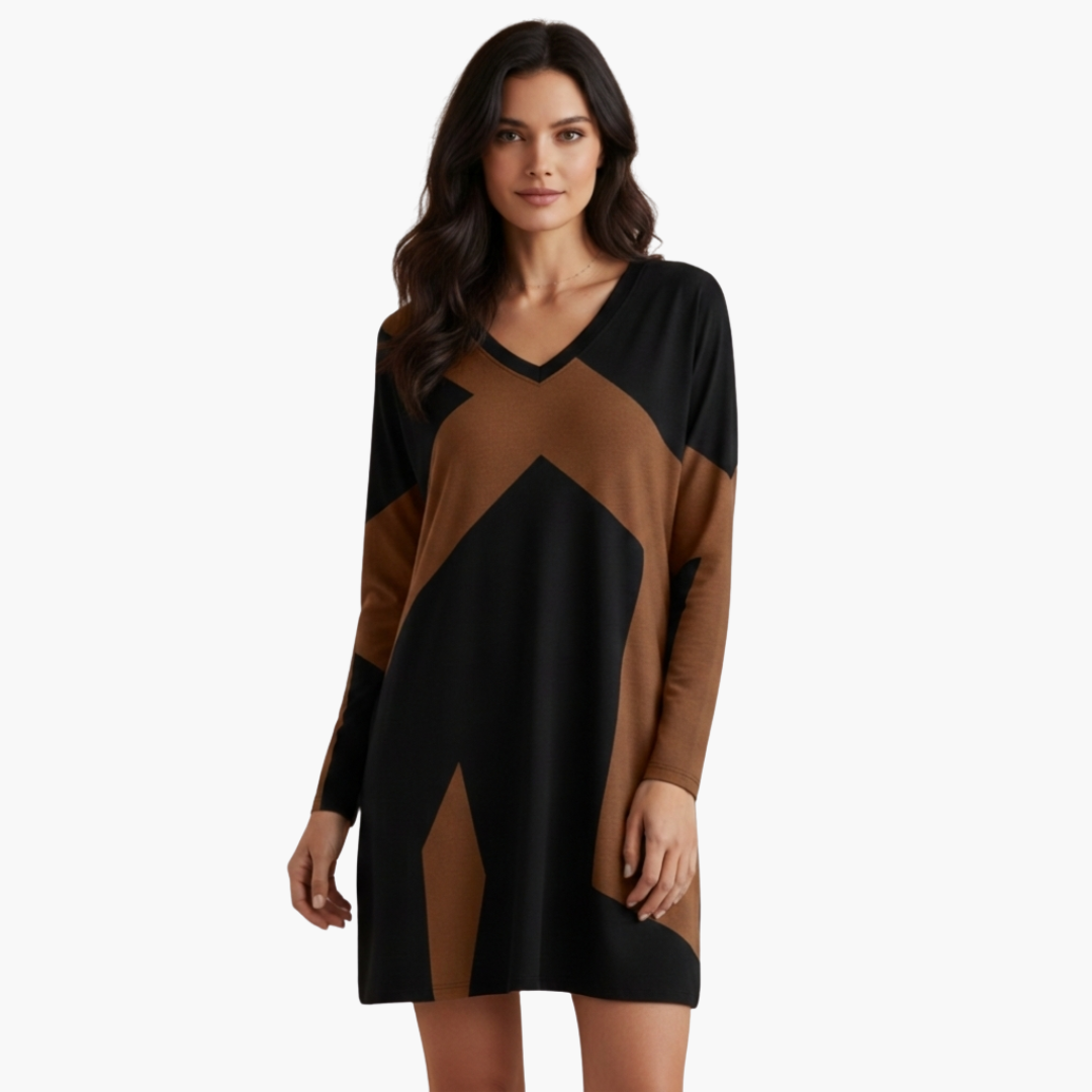 Short dress for women with V-neck and geometric pattern