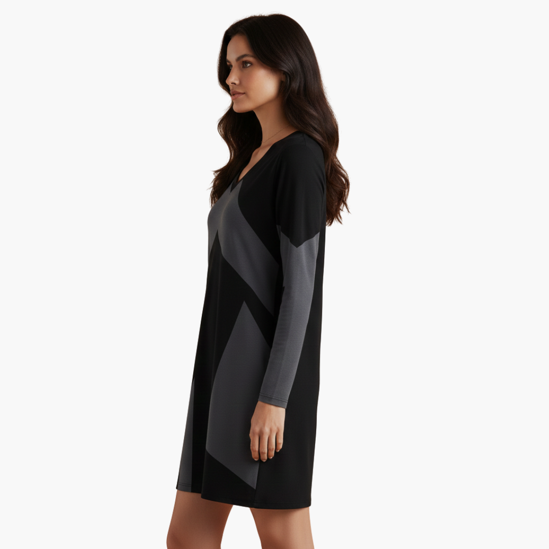 Short dress for women with V-neck and geometric pattern