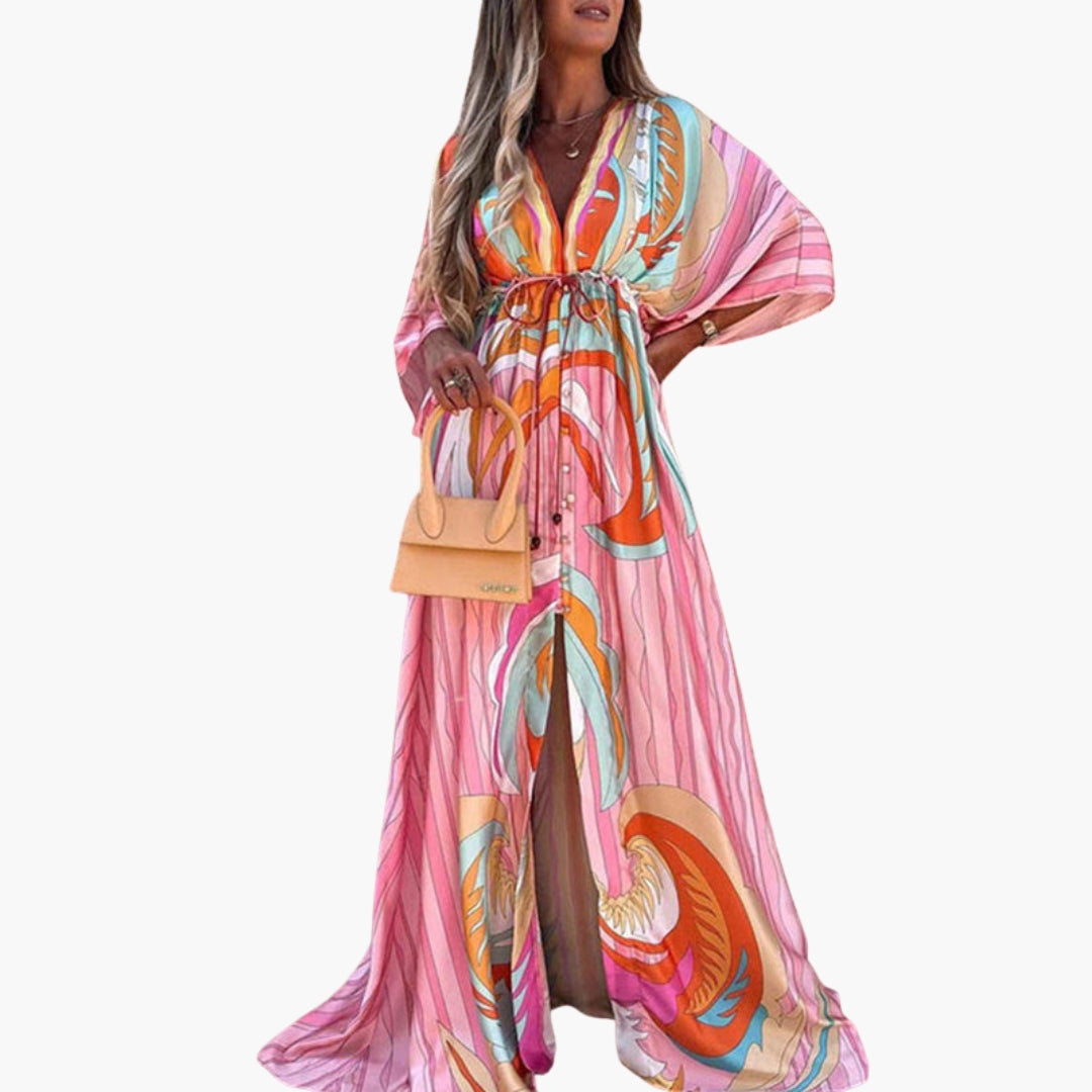 Robe de praia para mulher com padrão estampado e cintura com cordão de aperto