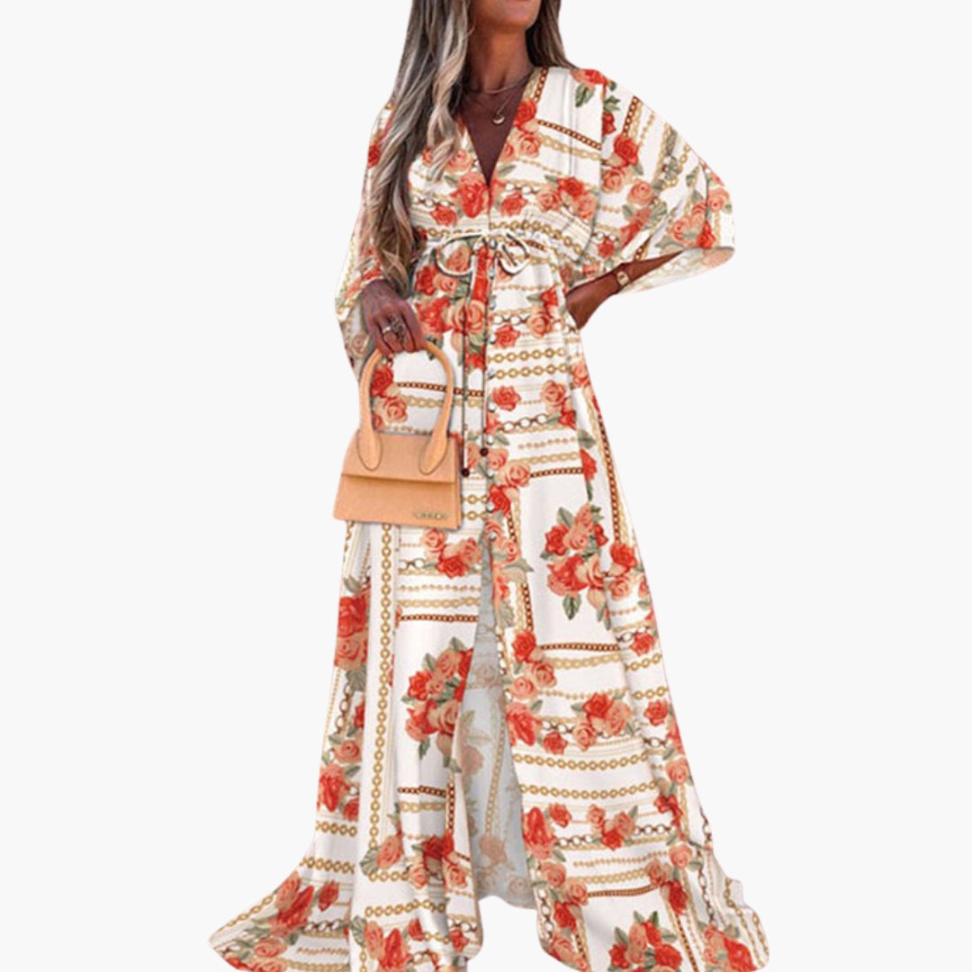 Robe de praia para mulher com padrão estampado e cintura com cordão de aperto