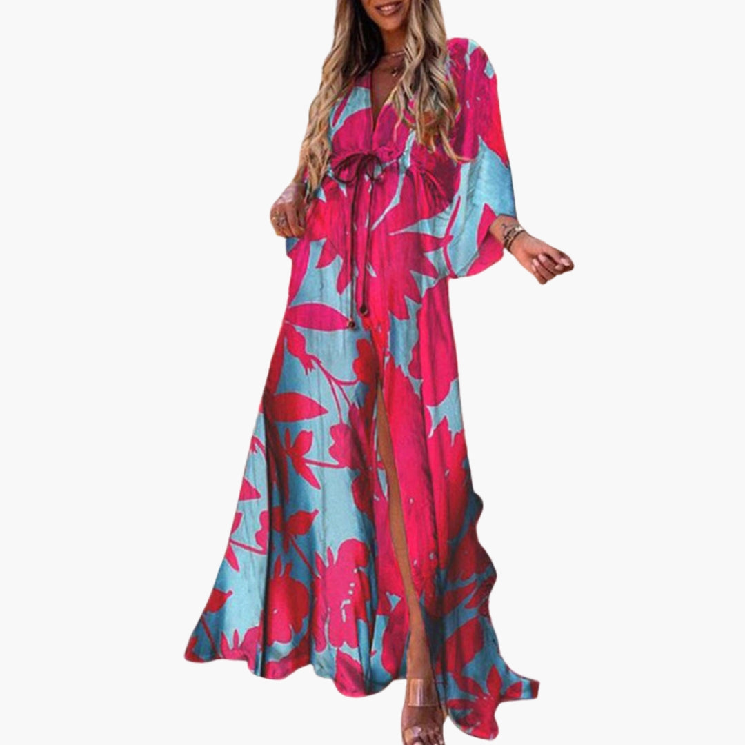 Robe de praia para mulher com padrão estampado e cintura com cordão de aperto