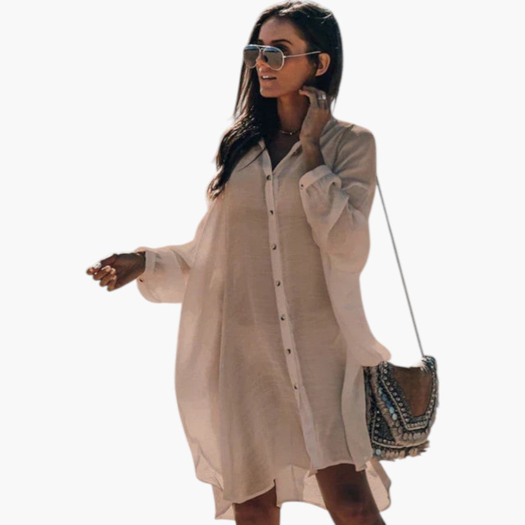 Women's beach dress with front buttons and long sleeves