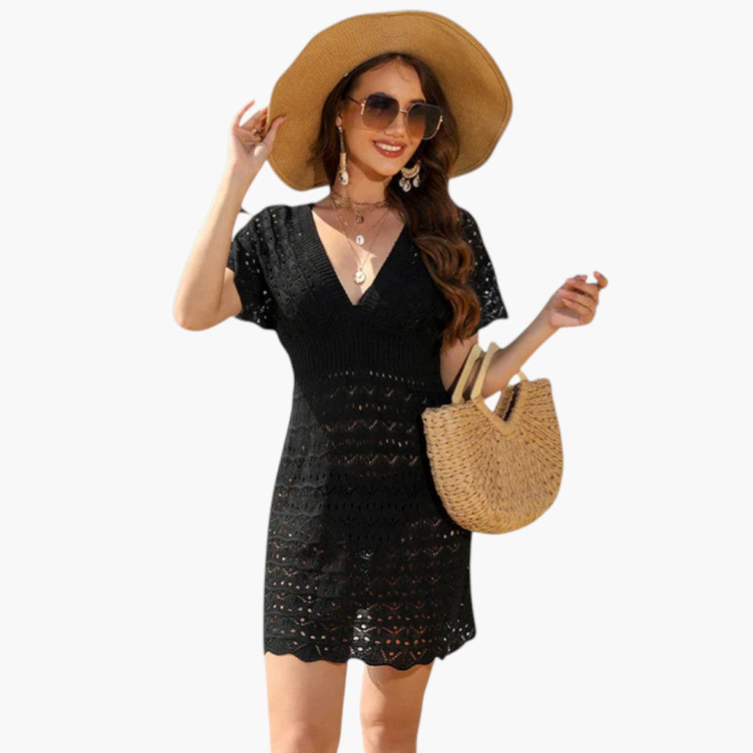 Abito da spiaggia donna con scollo a V e motivo all'uncinetto