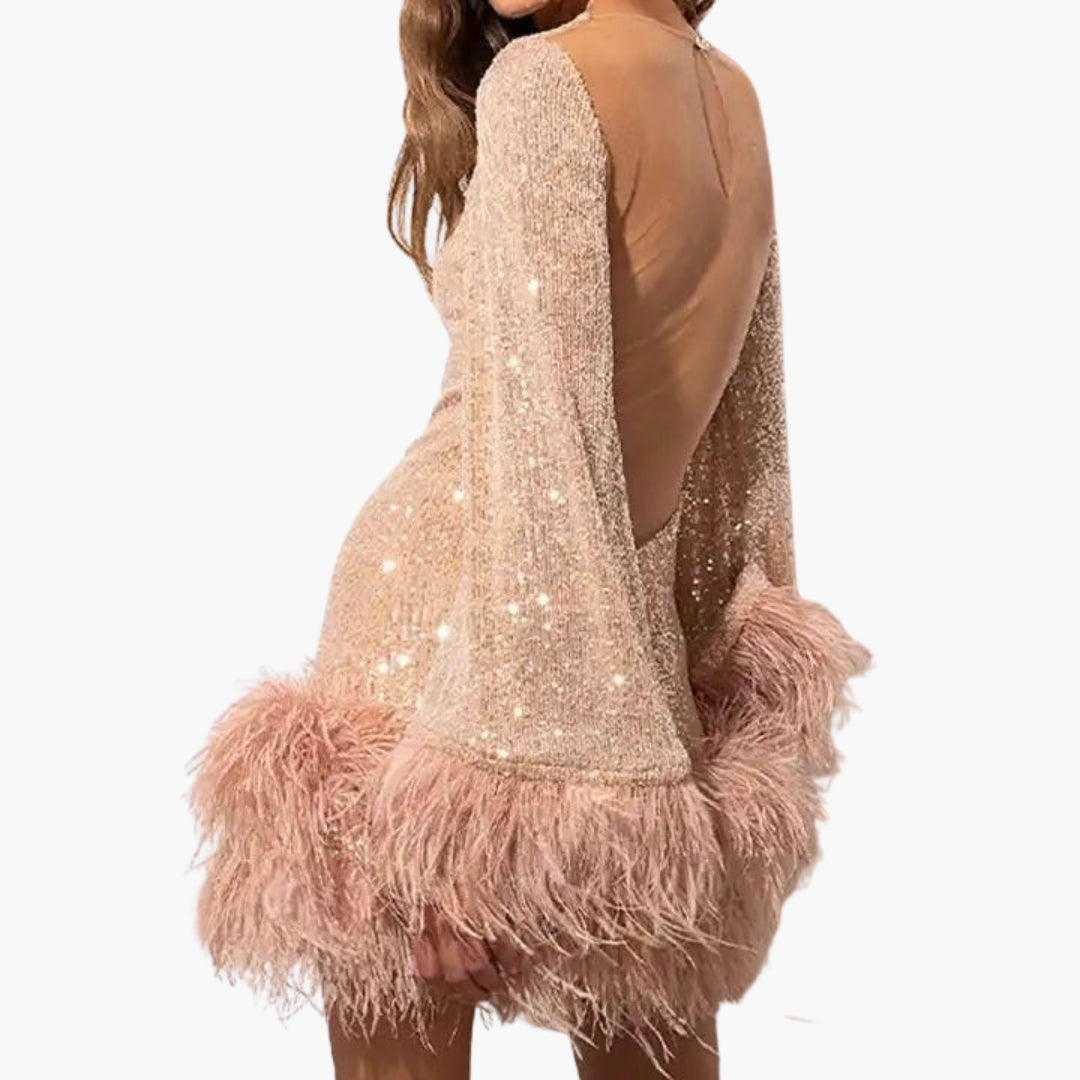 Women's evening dress with sequins and feather trims