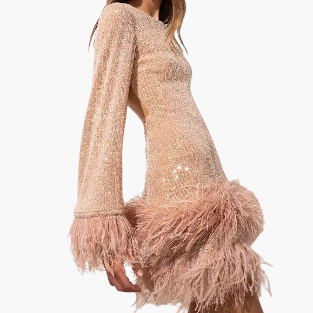 Women's evening dress with sequins and feather trims