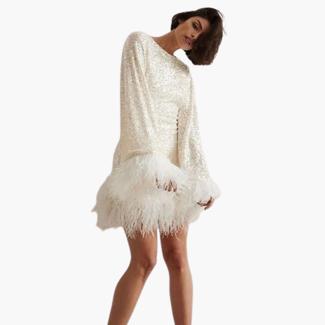 Women's evening dress with sequins and feather trims