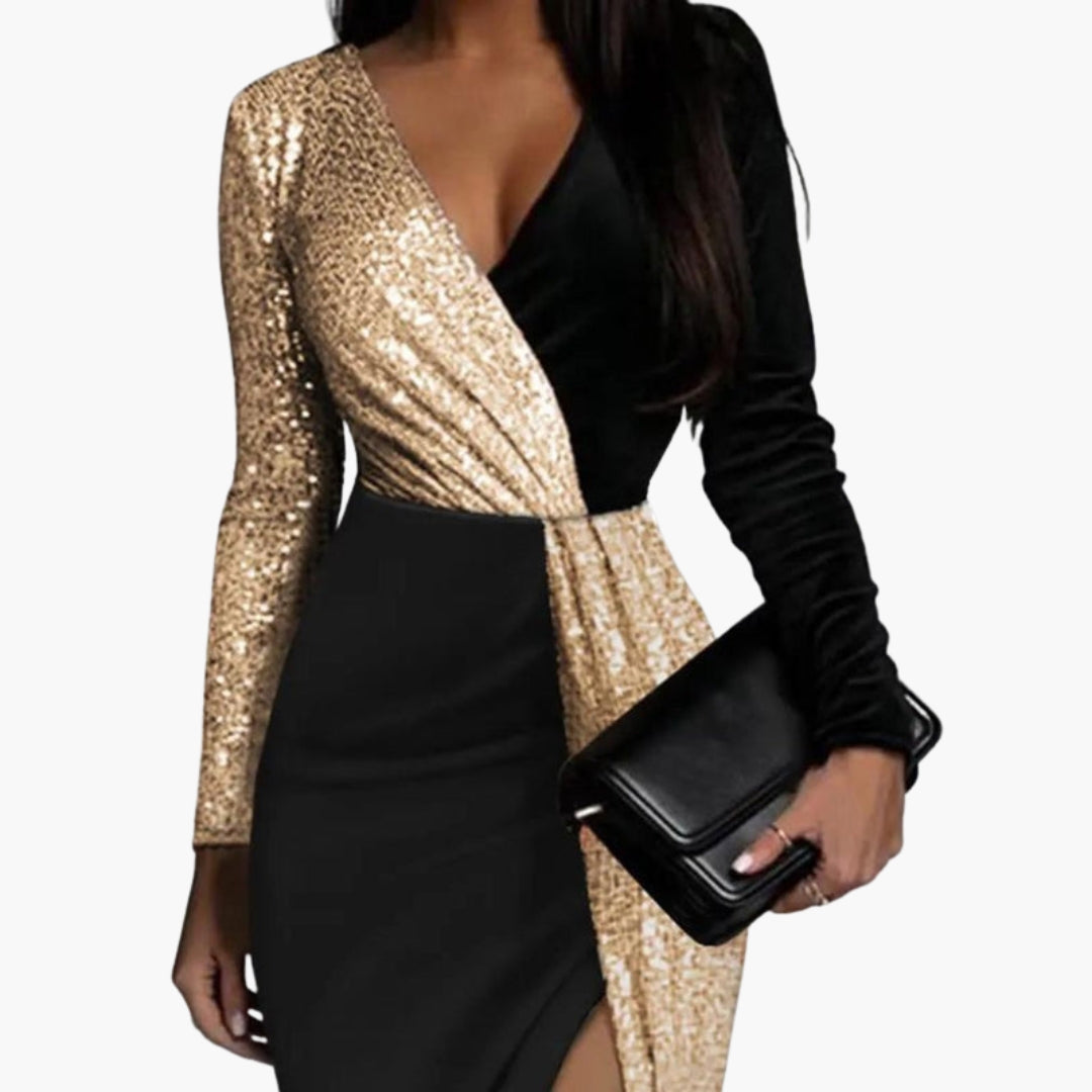 Women's long-sleeved dress with sparkling surface
