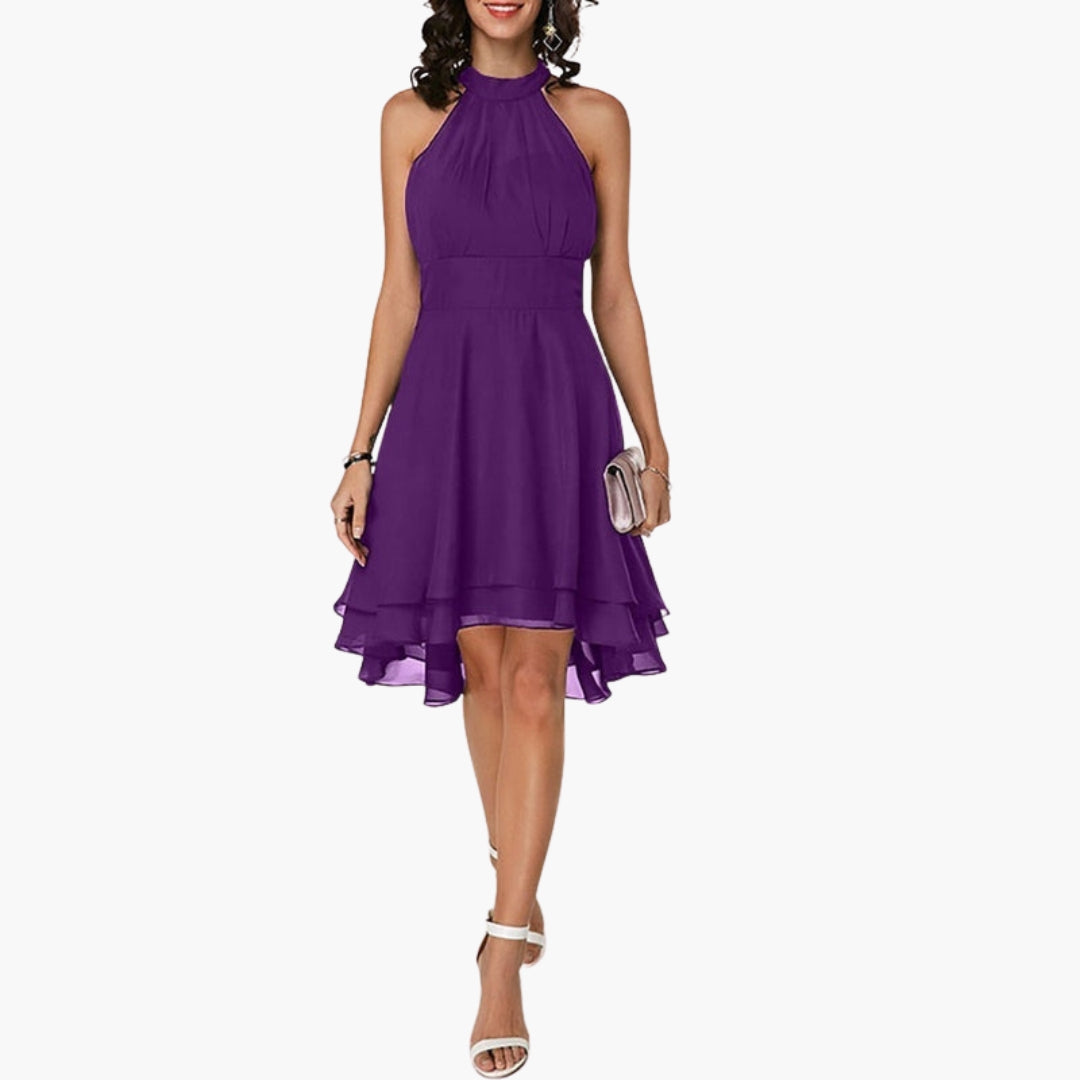 Robe femme sans manches avec ourlet volanté et col rond