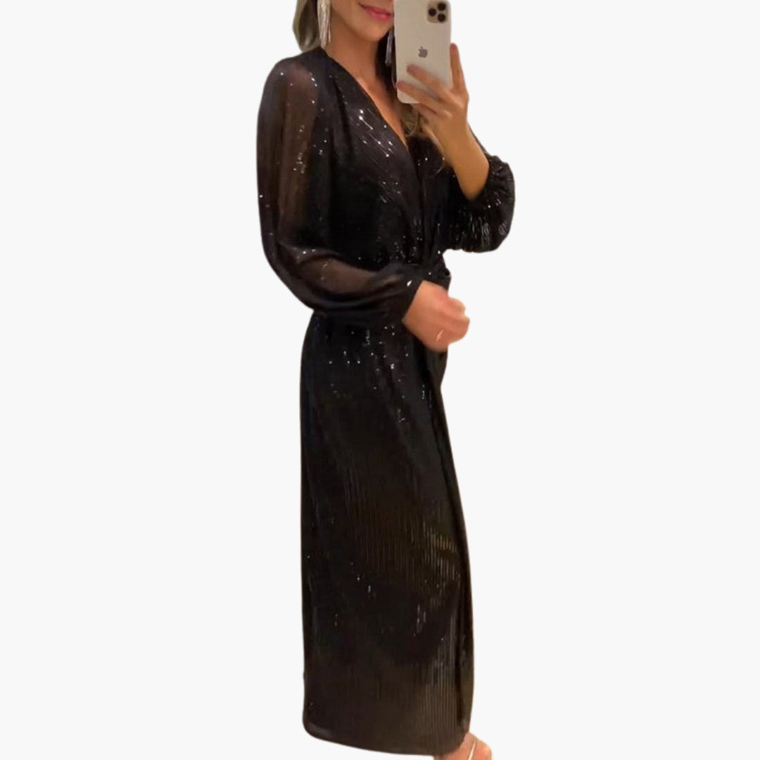 Long dress for women with V-neck and sparkling surface