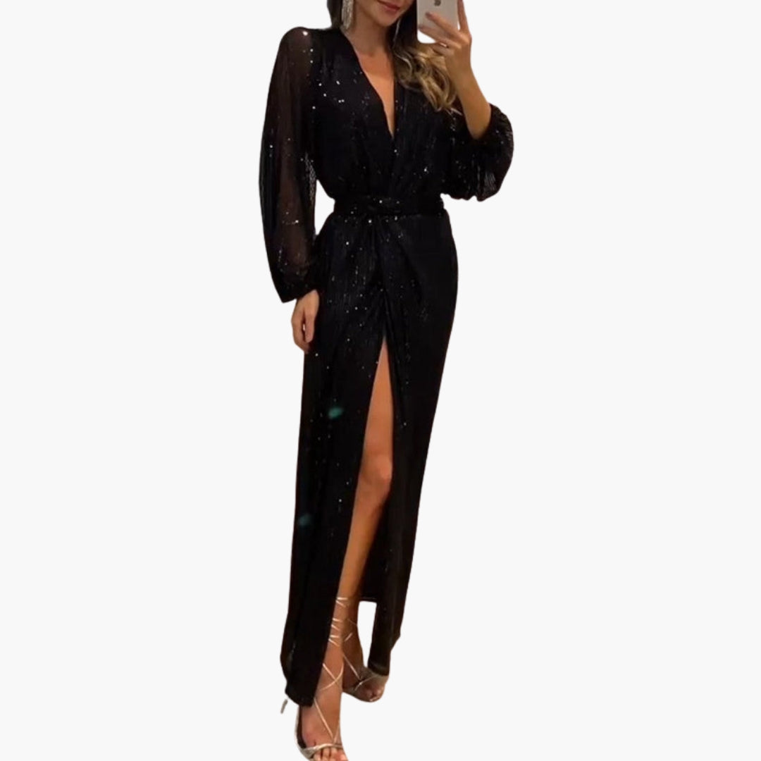Long dress for women with V-neck and sparkling surface