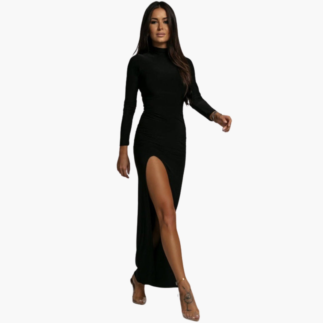 Long women's dress with high collar and side slit