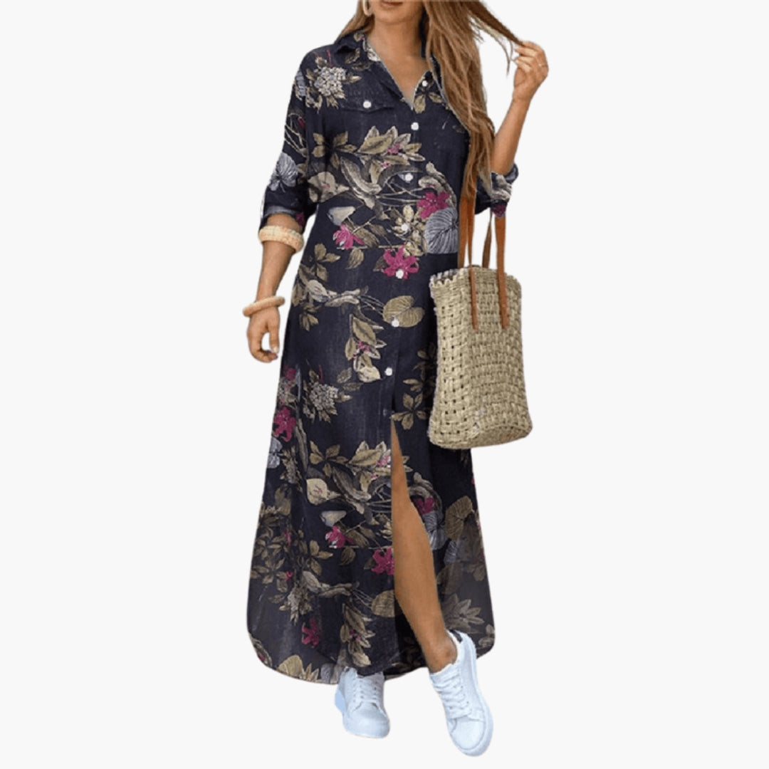 Robe longue femme à fleurs avec patte de boutonnage
