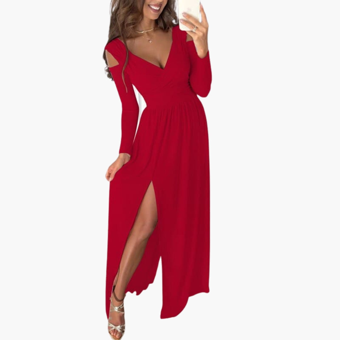 Long women's dress with wrap neckline and long sleeves
