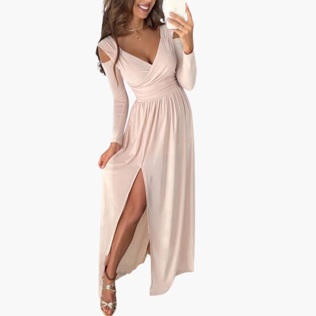 Long women's dress with wrap neckline and long sleeves