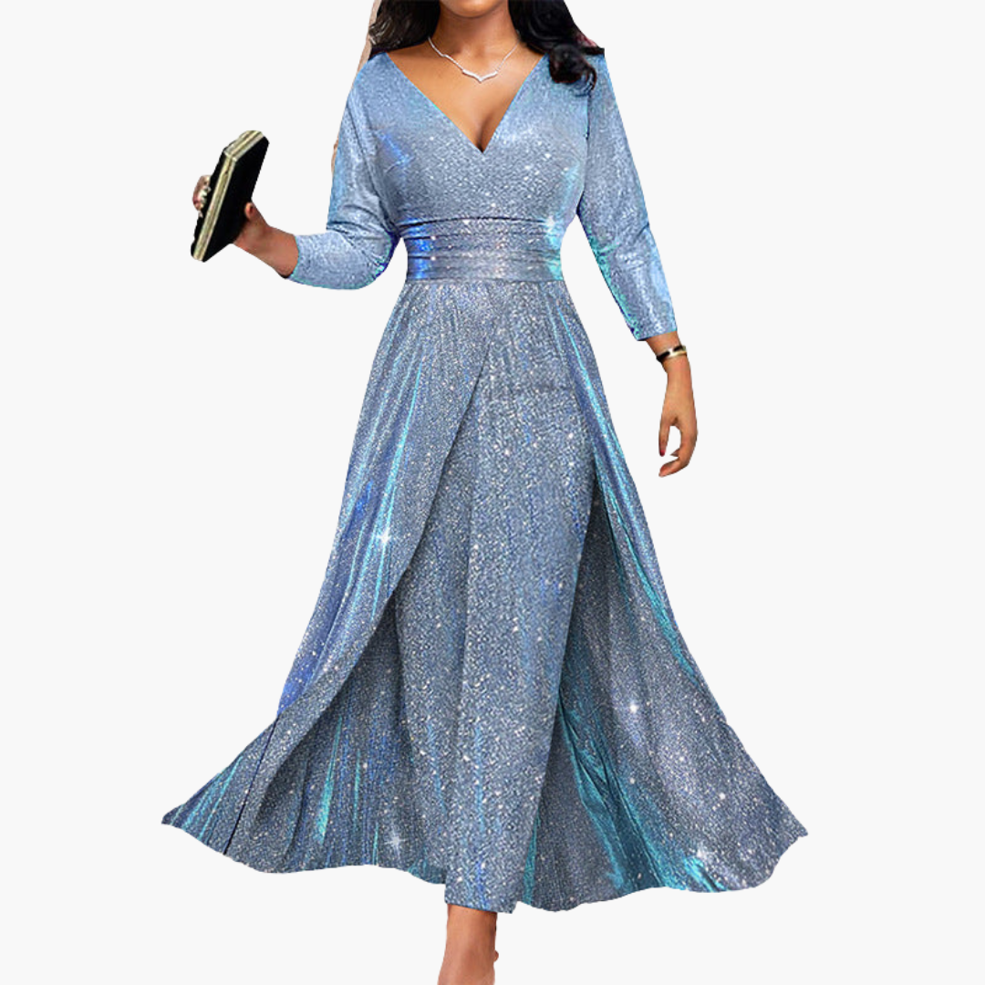 Robe longue portefeuille pour femme avec col en V et manches longues