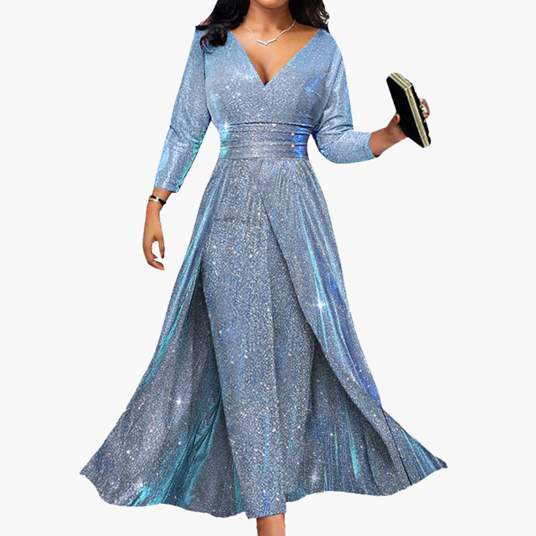 Robe longue portefeuille pour femme avec col en V et manches longues