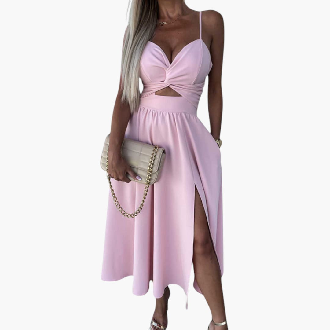 Abito midi donna con spalline e spacco frontale