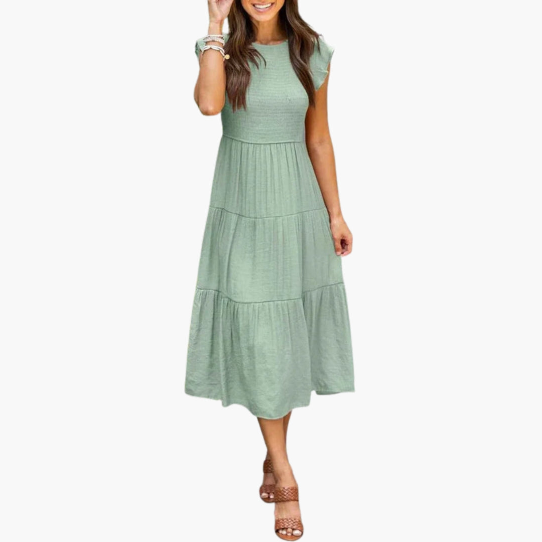 Vestido midi feminino com mangas folhadas e saia com folhos