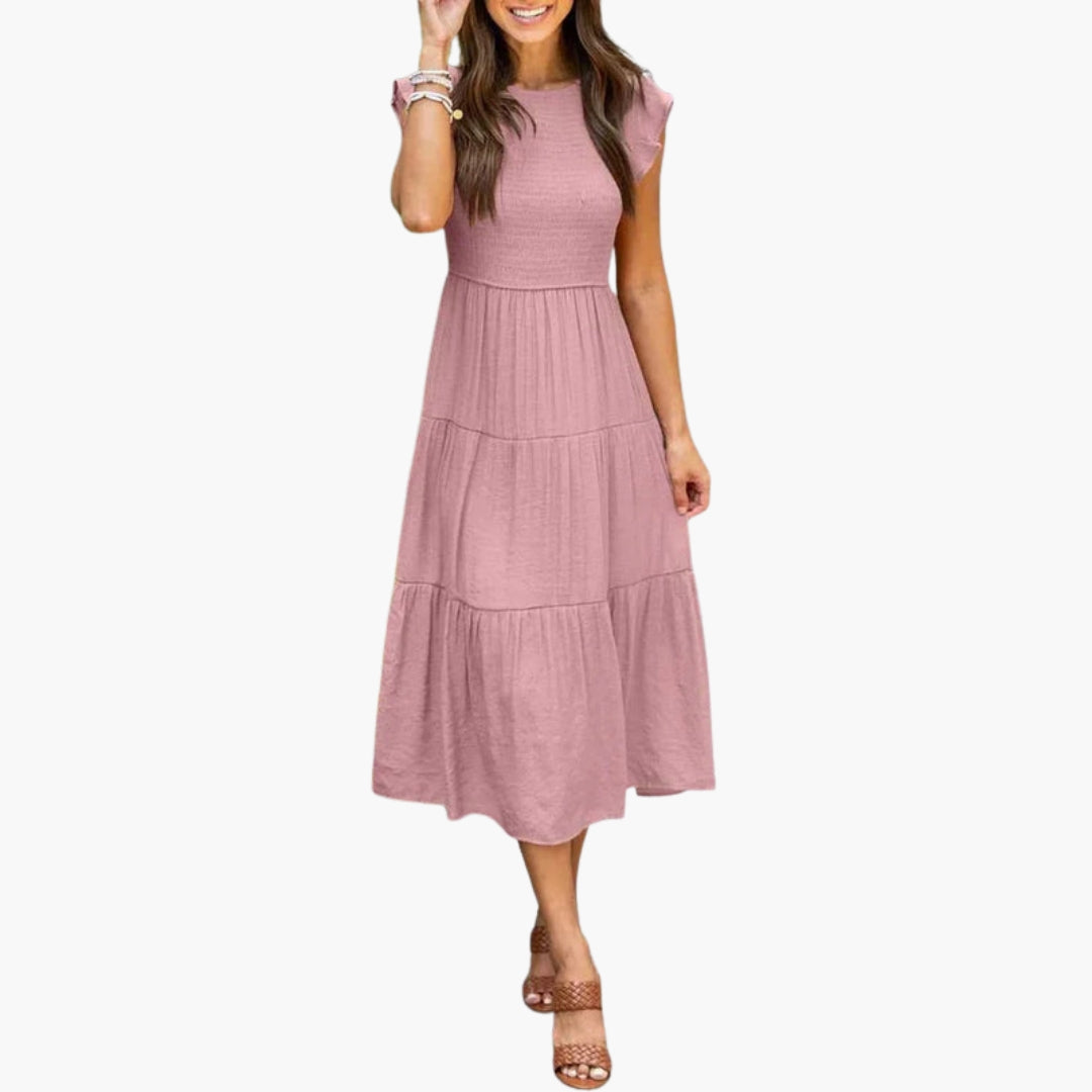 Vestido midi feminino com mangas folhadas e saia com folhos