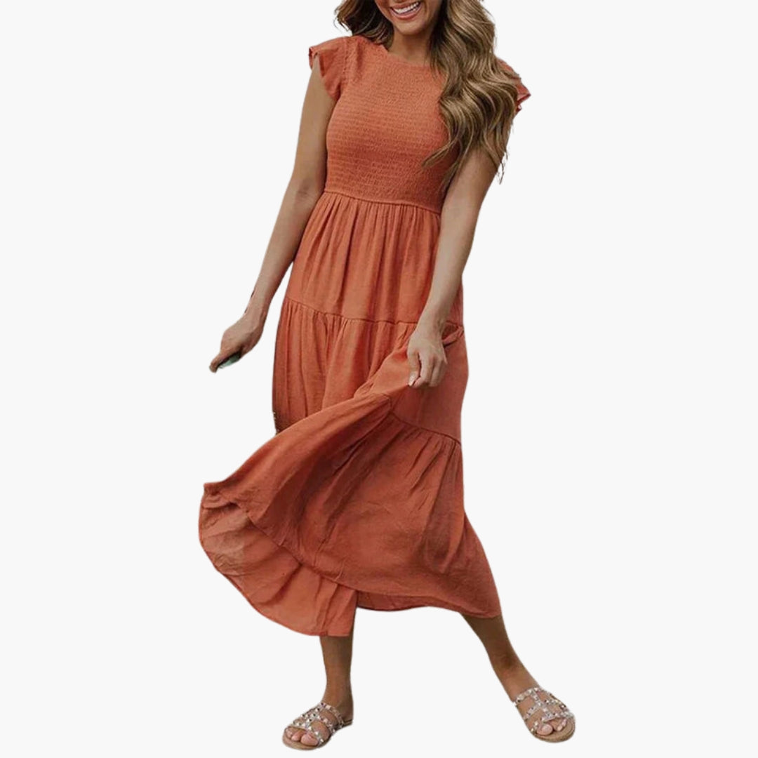Vestido midi feminino com mangas folhadas e saia com folhos