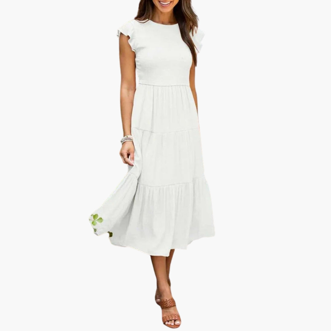 Vestido midi feminino com mangas folhadas e saia com folhos