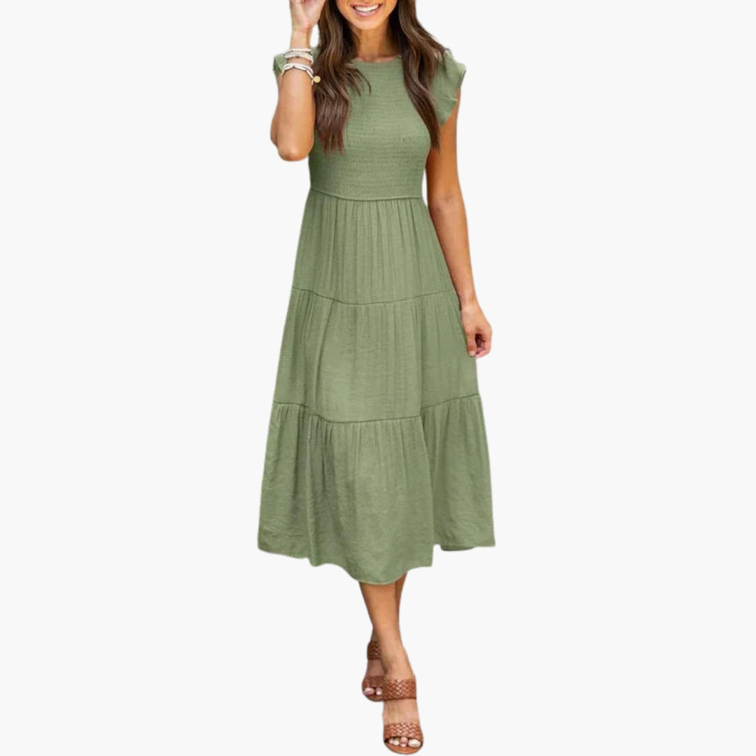 Vestido midi feminino com mangas folhadas e saia com folhos