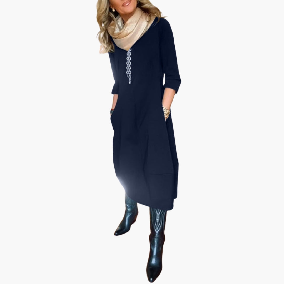 Robe midi femme avec poches et encolure ronde