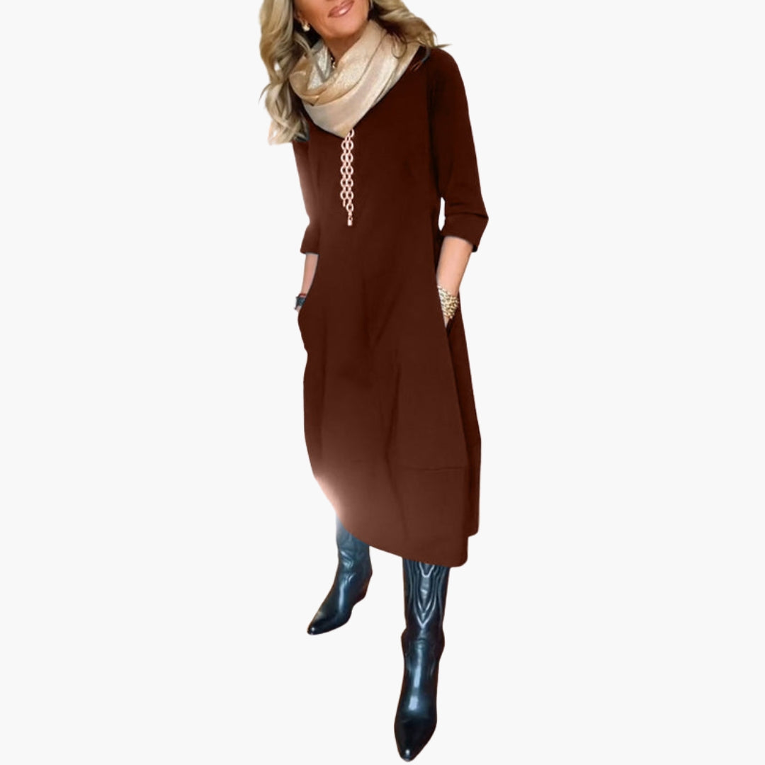 Robe midi femme avec poches et encolure ronde