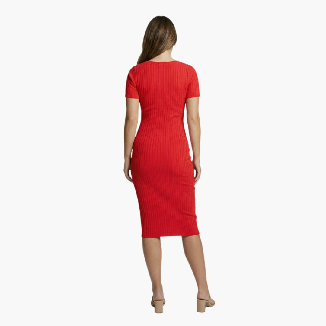 Vestido midi feminino com decote em V e textura canelada