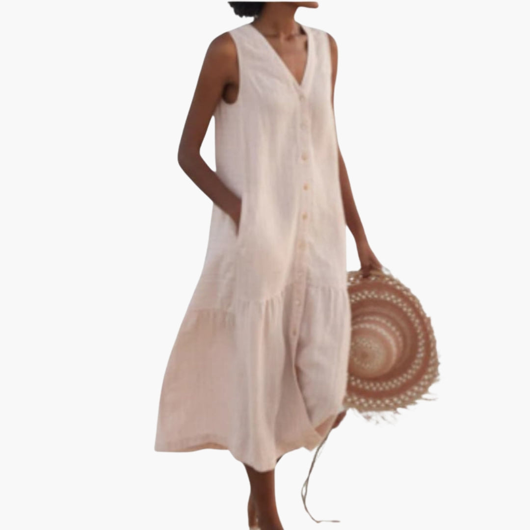 Robe midi femme col V avec des boutons sur le devant