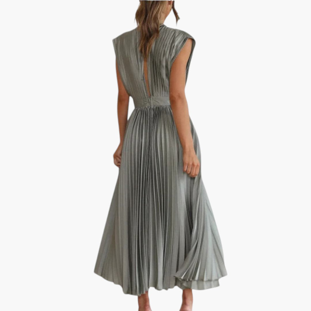 Abito midi donna con scollo a V e gonna plissettata