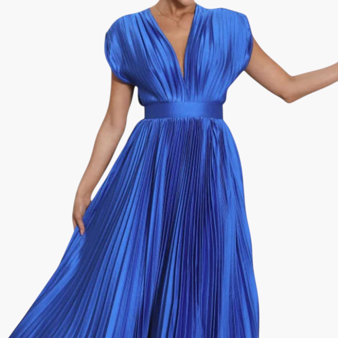 Abito midi donna con scollo a V e gonna plissettata