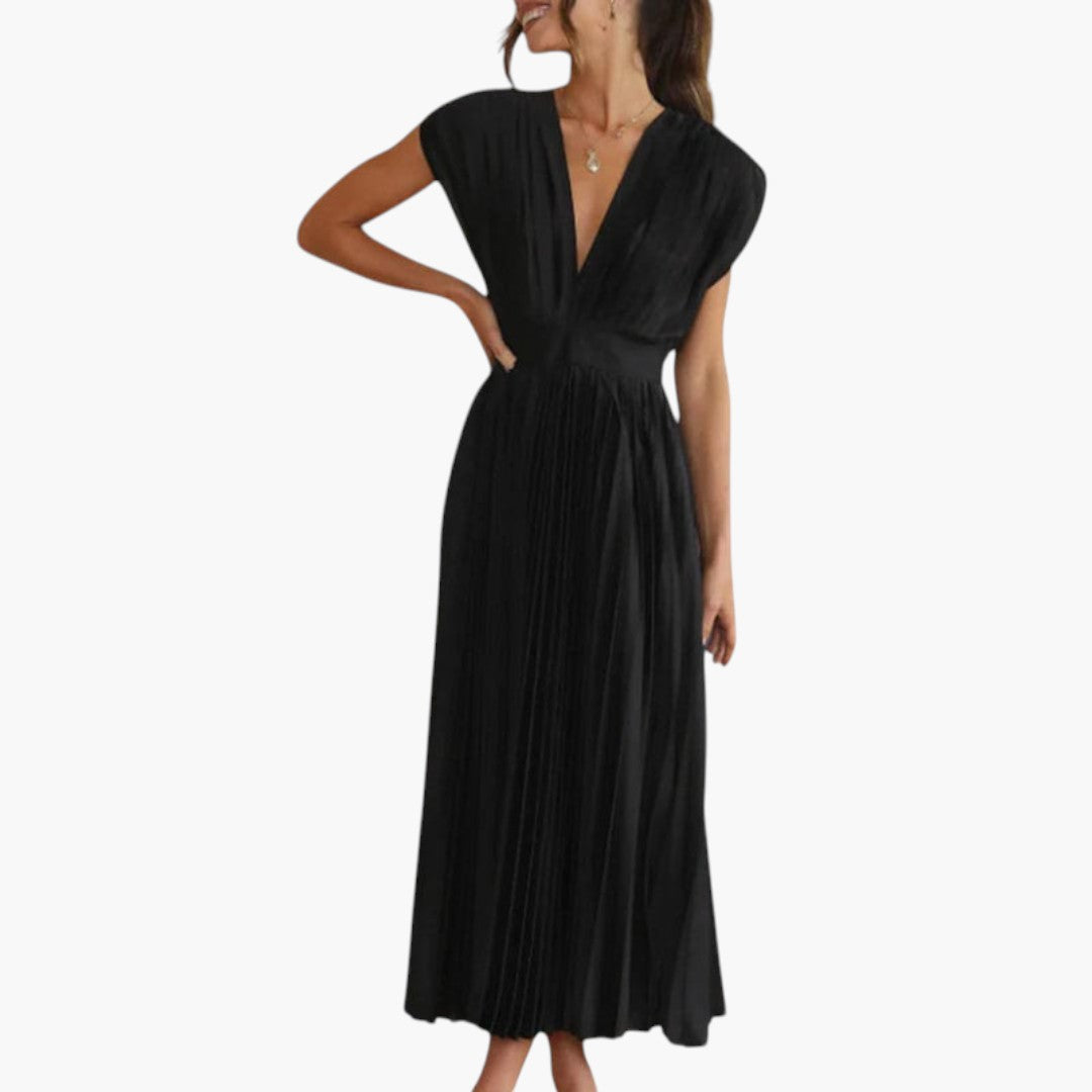 Abito midi donna con scollo a V e gonna plissettata