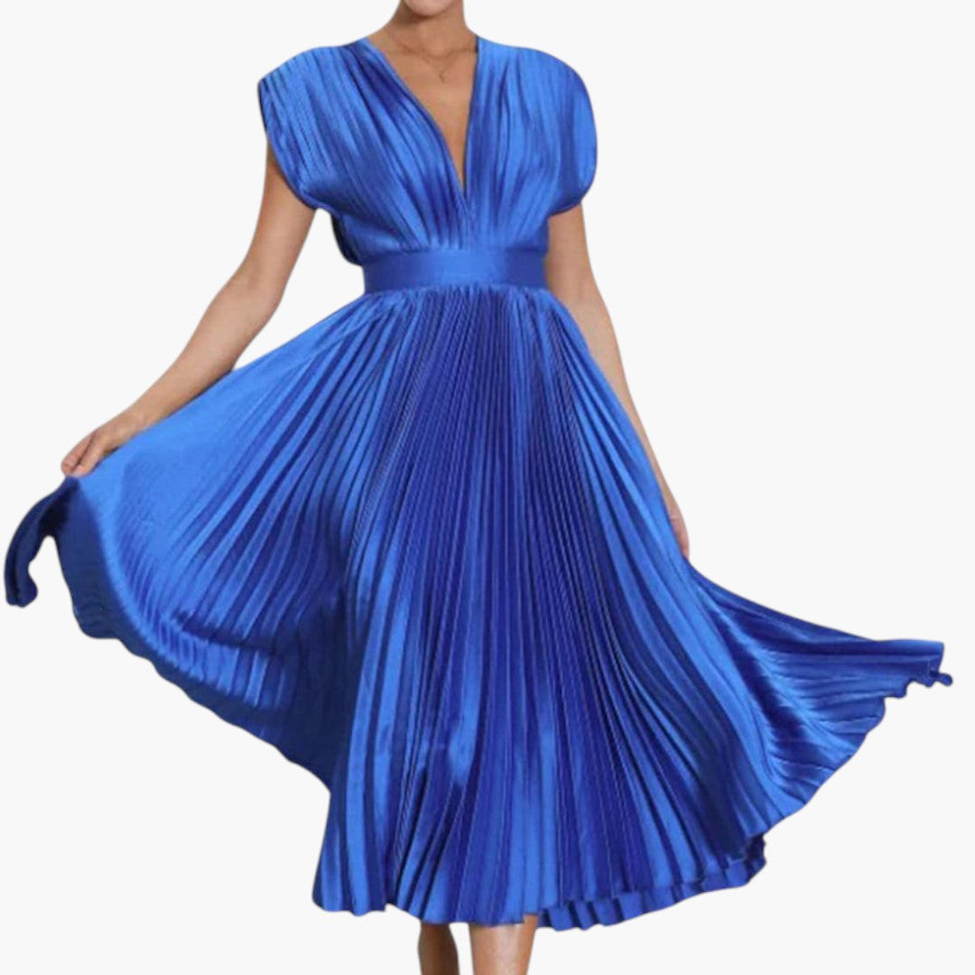 Abito midi donna con scollo a V e gonna plissettata