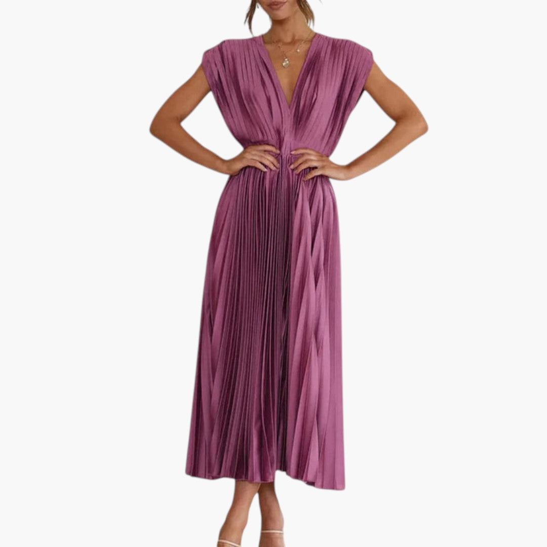 Abito midi donna con scollo a V e gonna plissettata