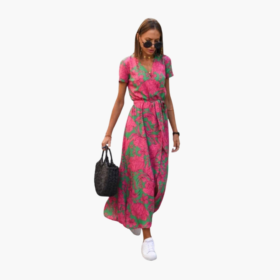 Robe midi femme col V avec lien à la taille