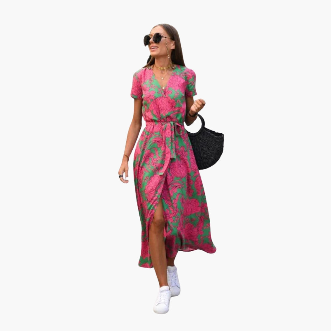 Robe midi femme col V avec lien à la taille