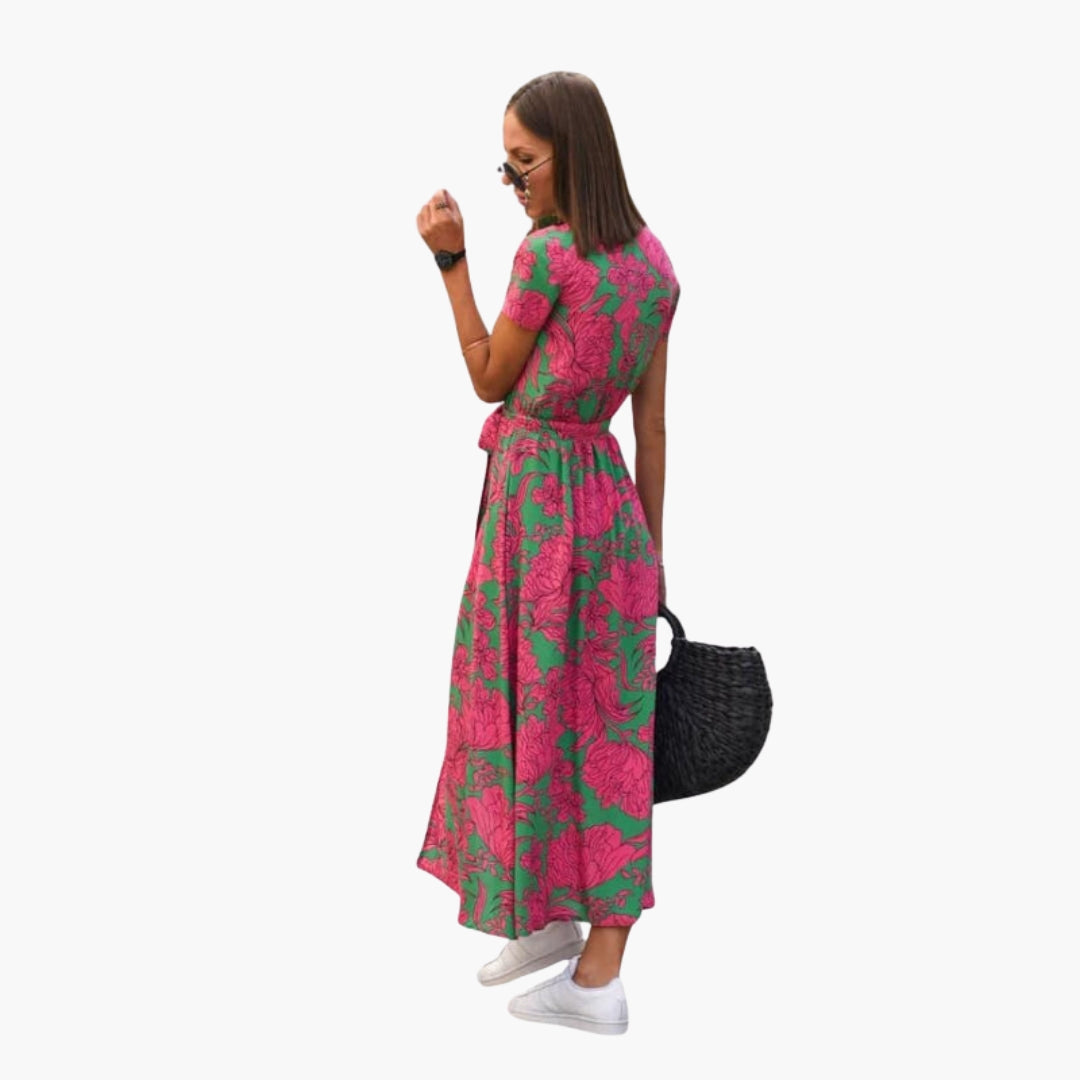 Robe midi femme col V avec lien à la taille