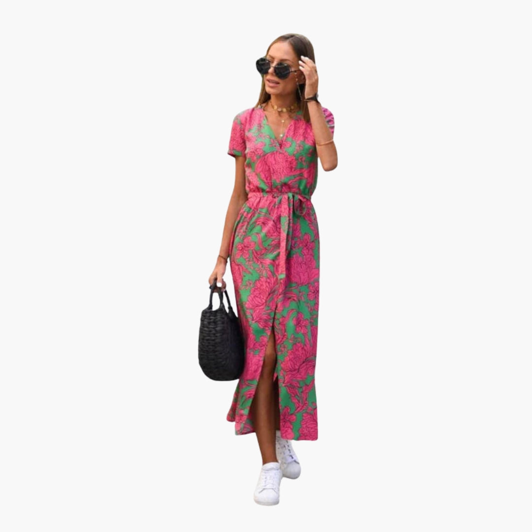 Robe midi femme col V avec lien à la taille