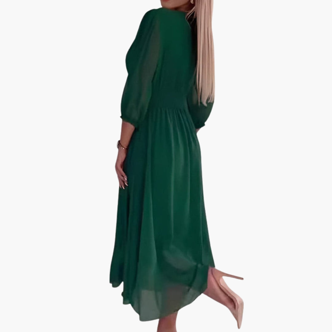 Vestido midi feminino com decote em V e mangas três quartos