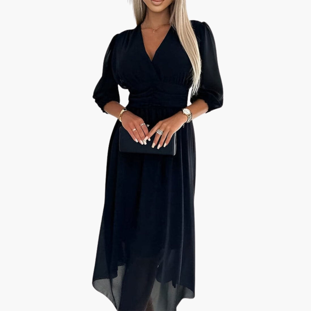 Vestido midi feminino com decote em V e mangas três quartos