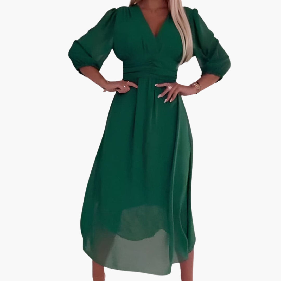 Vestido midi feminino com decote em V e mangas três quartos