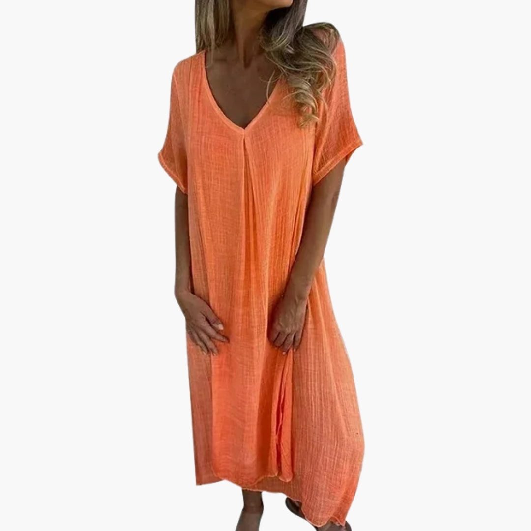 Robe midi femme avec col V manches courtes