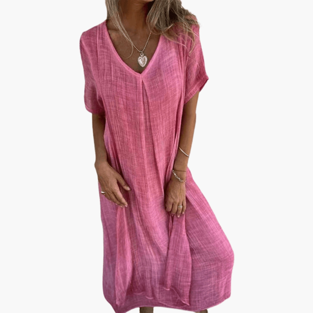 Robe midi femme avec col V manches courtes