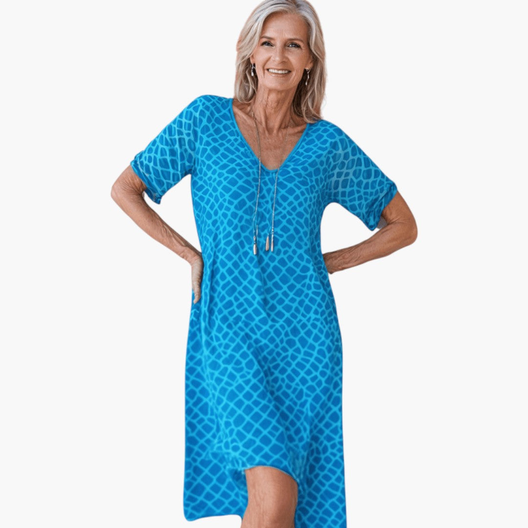 Vestido midi feminino com decote em V, mangas curtas e cinto com pompons
