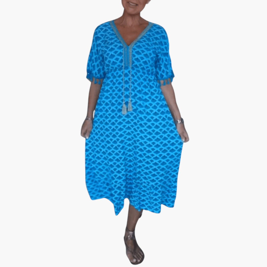 Vestido midi feminino com decote em V, mangas curtas e cinto com pompons