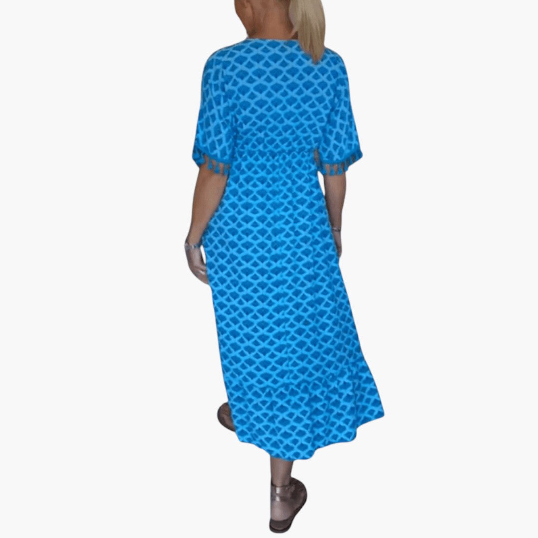 Vestido midi feminino com decote em V, mangas curtas e cinto com pompons