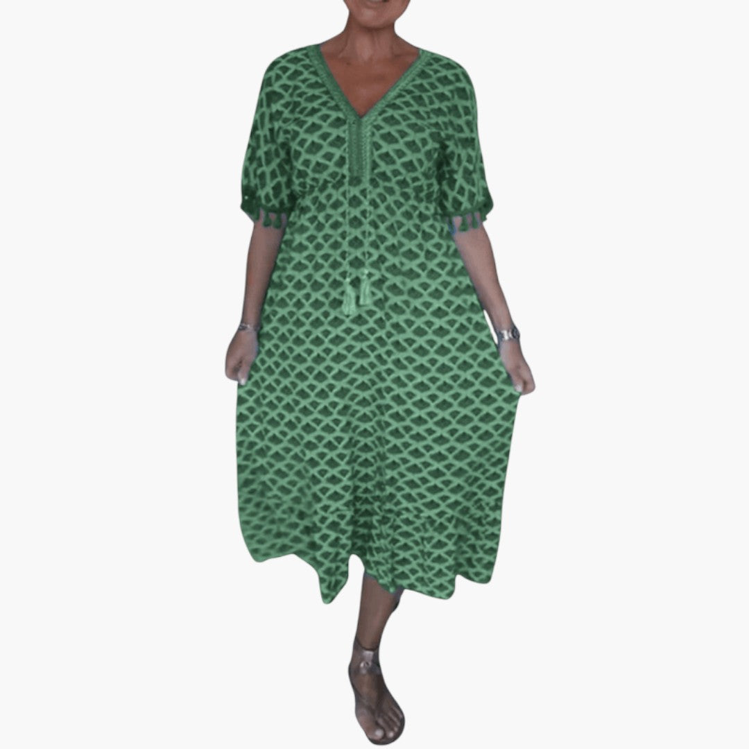 Vestido midi feminino com decote em V, mangas curtas e cinto com pompons